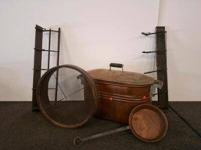 Antique Copper Wash Boiler Set with Lid, Sieve, Ladle, and Iron Drying Racks - 19th Century