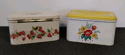 Vintage Metal Bread Box Lot &ndash; 1981 Printon Strawberry & 1970s Yellow Floral, Hinged, Vented,(shelf D)