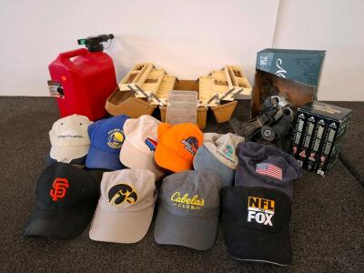 Large mixed lot, tackle box, 2.5 gallon gas jug. Jonny Carson box set . Car roof rack parts and more