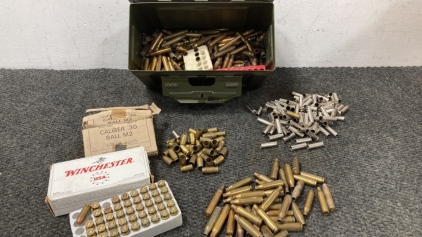 Military Grade Ammunition Box, Empty Brass Shell Casings And a Few Live Rounds