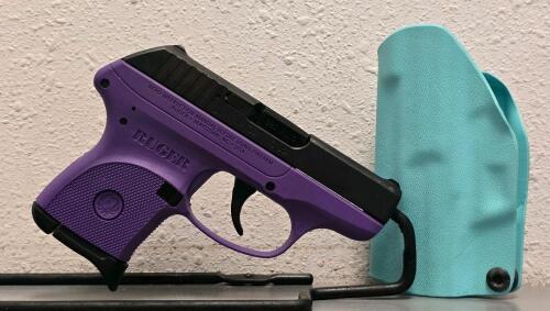 Ruger LCP .380 Auto Pistol Purple Frame, Black Slide, Serial 372467227, With Turquoise Holster