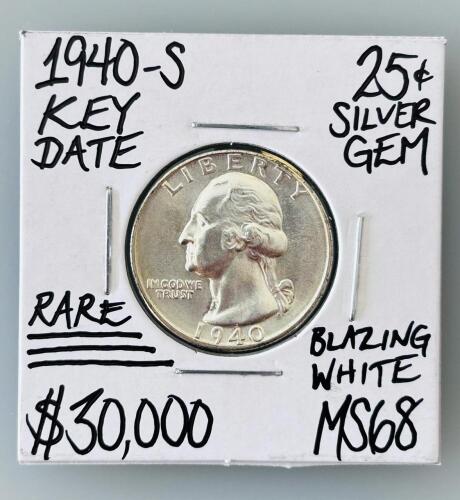1940-S Washington Quarter MS68, 90% Silver, Key Date, Blazing White, High Grade San Francisco Mint