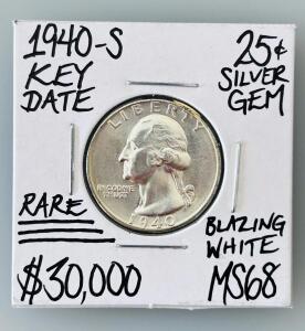 1940-S Washington Quarter MS68, 90% Silver, Key Date, Blazing White, High Grade San Francisco Mint