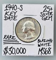 1940-S Washington Quarter MS68, 90% Silver, Key Date, Blazing White, High Grade San Francisco Mint