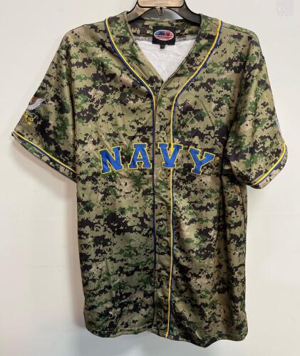 Navy Camouflage Baseball Jersey Large WWM Polyester Button-Up, US Flag & Navy Logos Size Large