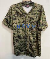 Navy Camouflage Baseball Jersey Large WWM Polyester Button-Up, US Flag & Navy Logos Size Large