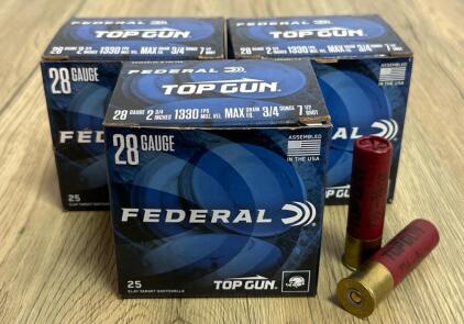 Federal Top Gun 28 Gauge 2-3/4" 7.5 Shot 3/4Oz 1330Fps Shotgun Shells, 75 Rounds Clay Target