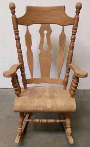 XL Traditional Solid Oak Wooden Rocking Chair, Spindle Back, High Backrest, Vintage