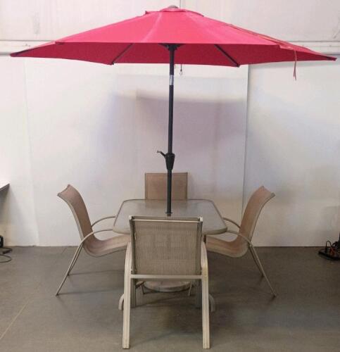 Outdoor Patio Dining Set, Rectangular Glass Table, 4 Sling Chairs, Red Umbrella, Beige Frame