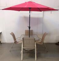 Outdoor Patio Dining Set, Rectangular Glass Table, 4 Sling Chairs, Red Umbrella, Beige Frame