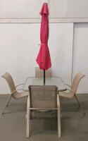 Outdoor Patio Dining Set, Rectangular Glass Table, 4 Sling Chairs, Red Umbrella, Beige Frame - 2