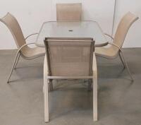Outdoor Patio Dining Set, Rectangular Glass Table, 4 Sling Chairs, Red Umbrella, Beige Frame - 3