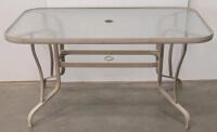 Outdoor Patio Dining Set, Rectangular Glass Table, 4 Sling Chairs, Red Umbrella, Beige Frame - 5