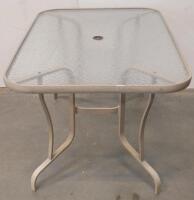 Outdoor Patio Dining Set, Rectangular Glass Table, 4 Sling Chairs, Red Umbrella, Beige Frame - 6
