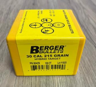 Berger Bullets 30 Cal 215 Grain Hybrid Target, Match Grade, 100 ct, PN 30429