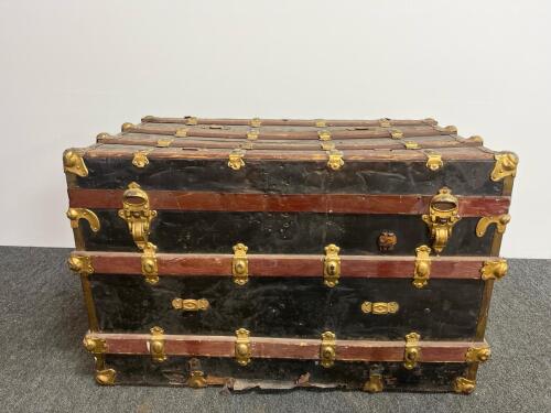Antique Dome-Top Steamer Trunk ca. 1880&ndash;1910, Black Wood, Brass Hardware, 36" x 22" x 24"