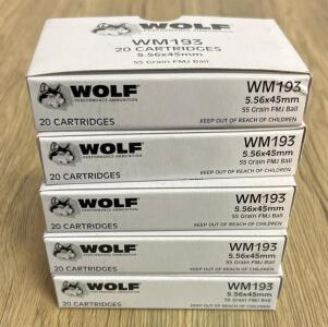 Wolf WM193 5.56x45mm NATO 55 Grain FMJ Ball, 100 Rounds, Brass Case