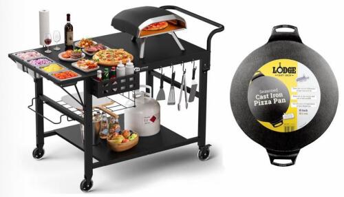 Letuike Outdoor Prep Table 47"x28", 200lb Capacity + (2) Lodge 15" Cast Iron Pizza Pans, New in Box (FL 8)