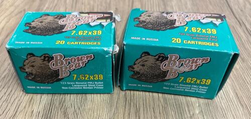 Brown Bear 7.62x39mm 123 Grain FMJ, Lacquered Steel, 2 Boxes, 40 Rounds, Russia