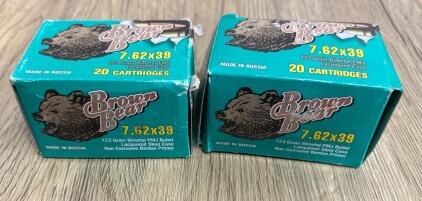 Brown Bear 7.62x39mm 123 Grain FMJ, Lacquered Steel, 2 Boxes, 40 Rounds, Russia