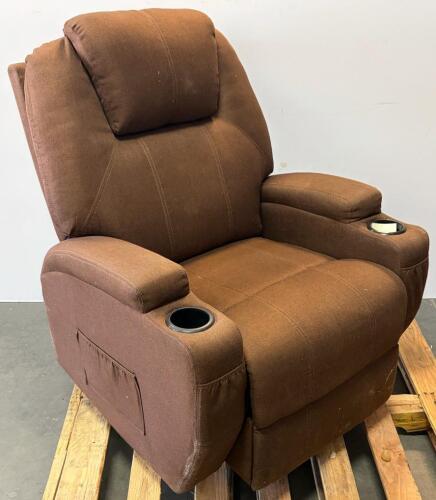 Brown Fabric Manual Recliner Chair With Dual Cup Holders And Side Storage Pockets