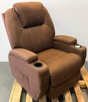 Brown Fabric Manual Recliner Chair With Dual Cup Holders And Side Storage Pockets