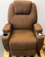 Brown Fabric Manual Recliner Chair With Dual Cup Holders And Side Storage Pockets - 2