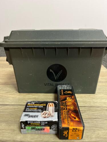 Vital Impact Ammo Box w/ 20x SIG SAUER 9mm JHP & 50x Browning .22 LR Hollow Point Rounds