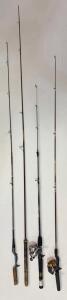 Vintage Zebco 33 & 600 Spincast Rod And Reel Combos, 5'6" Fiberglass, Plus 2 Extra Rods