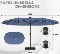 15 Ft Double-Sided Blue Patio Umbrella, Solar LED, UPF50+, 220G/M&sup2; Fabric, GDPFN (FL 5) - 5