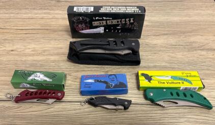 Frost Cutlery Green Beret, The Vulture II, Jim's Beanie, Mini Folding Lockback Knives Set/4