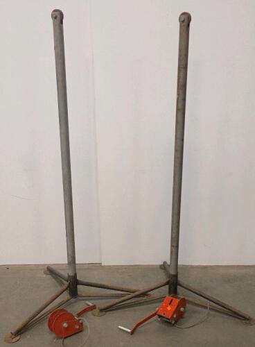 (2) Freestanding Steel Winch Post Set With Tripod Base & Manual Cable Winches, 8Ft, 1,500 lb Capacity