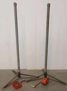 (2) Freestanding Steel Winch Post Set With Tripod Base & Manual Cable Winches, 8Ft, 1,500 lb Capacity