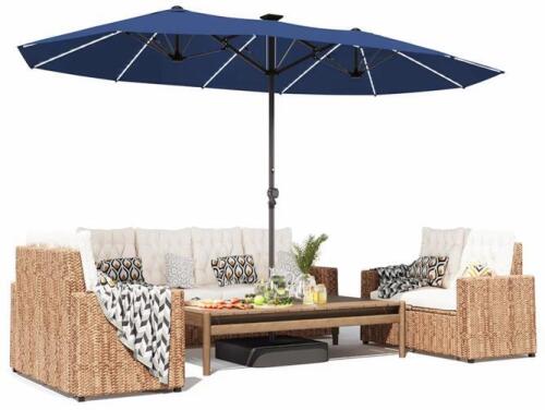 15 Ft Double-Sided Blue Patio Umbrella, Solar LED, UPF50+, 220G/M&sup2; Fabric, GDPFN (FL 5)