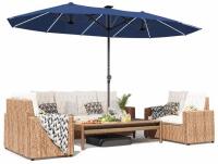 15 Ft Double-Sided Blue Patio Umbrella, Solar LED, UPF50+, 220G/M&sup2; Fabric, GDPFN (FL 5)