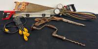 Mixed Lot: 3 Hand Saws, Spirit Level, Manifold Gauge, Lebus T4 Chain Binder, Drill, Power Splitter (FL 3)