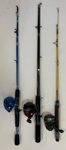 Set Of 3 Spincast Fishing Rod & Reel Combos - Zebco 404, Slingshot, Johnson Graphite