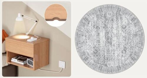 KISEELY Wall-Mounted Nightstand with Drawer and Shelf, Light Wood | 9&rsquo;x9&rsquo; Gray Round Area Rug (FL 6)