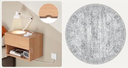 KISEELY Wall-Mounted Nightstand with Drawer and Shelf, Light Wood | 9&rsquo;x9&rsquo; Gray Round Area Rug (FL 6)
