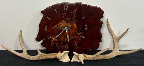 Mule Deer Antler Set (3-Point) & Rustic Hand-Painted Wood Slab Wall Clock, Donavan English (FL 10)