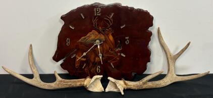 Mule Deer Antler Set (3-Point) & Rustic Hand-Painted Wood Slab Wall Clock, Donavan English (FL 10)