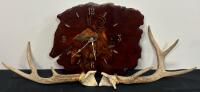 Mule Deer Antler Set (3-Point) & Rustic Hand-Painted Wood Slab Wall Clock, Donavan English (FL 10)