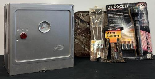 Coleman Folding Camp Oven, Duracell 1300 Lumen Flashlight, Outers .22 Cleaning Rod, Allen Arm Guard (FL 7)