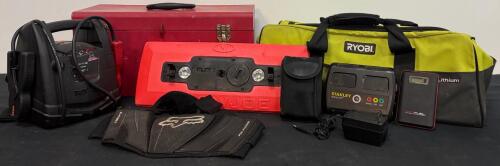Mixed Lot: Ryobi Tool Bag, DieHard 750A Jump Starter, Stanley Simple Start, RedFuel Power Bank, SNOWJOE Light, Fox Racing Belt, Metal Tool Box (FL 4)