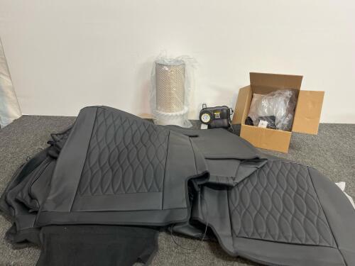 Black Synthetic Leather Full Set Seat Covers with Diamond Stitching for Two-Seater Pickup Trucks retails for $169.99, (2) coolant resevoirs each retail for $39.99, large air filter retails for $105.00 (spot #2)