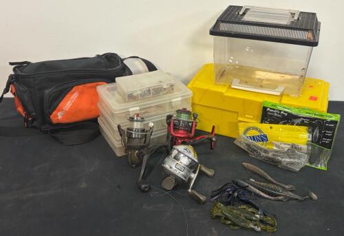 Fishing Tackle Lot: Zebco 33 & Spinning Reels, Lures, Googan Bandito Bug, Tackle Boxes, Bag (FL 7)