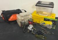 Fishing Tackle Lot: Zebco 33 & Spinning Reels, Lures, Googan Bandito Bug, Tackle Boxes, Bag (FL 7)