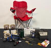 Mixed Lot: Folding Camp Chair, Head Snowboard Bindings, Air Pump, Tools, Lantern, Propane (FL 4)