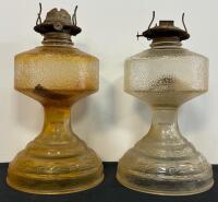 Matched Pair Pedestal Base Pressed Glass Oil Lamps&mdash;Amber & Clear, Embossed Swirl Pattern, c. 1920s&ndash;40s (FL 3)
