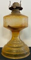 Matched Pair Pedestal Base Pressed Glass Oil Lamps&mdash;Amber & Clear, Embossed Swirl Pattern, c. 1920s&ndash;40s (FL 3) - 2